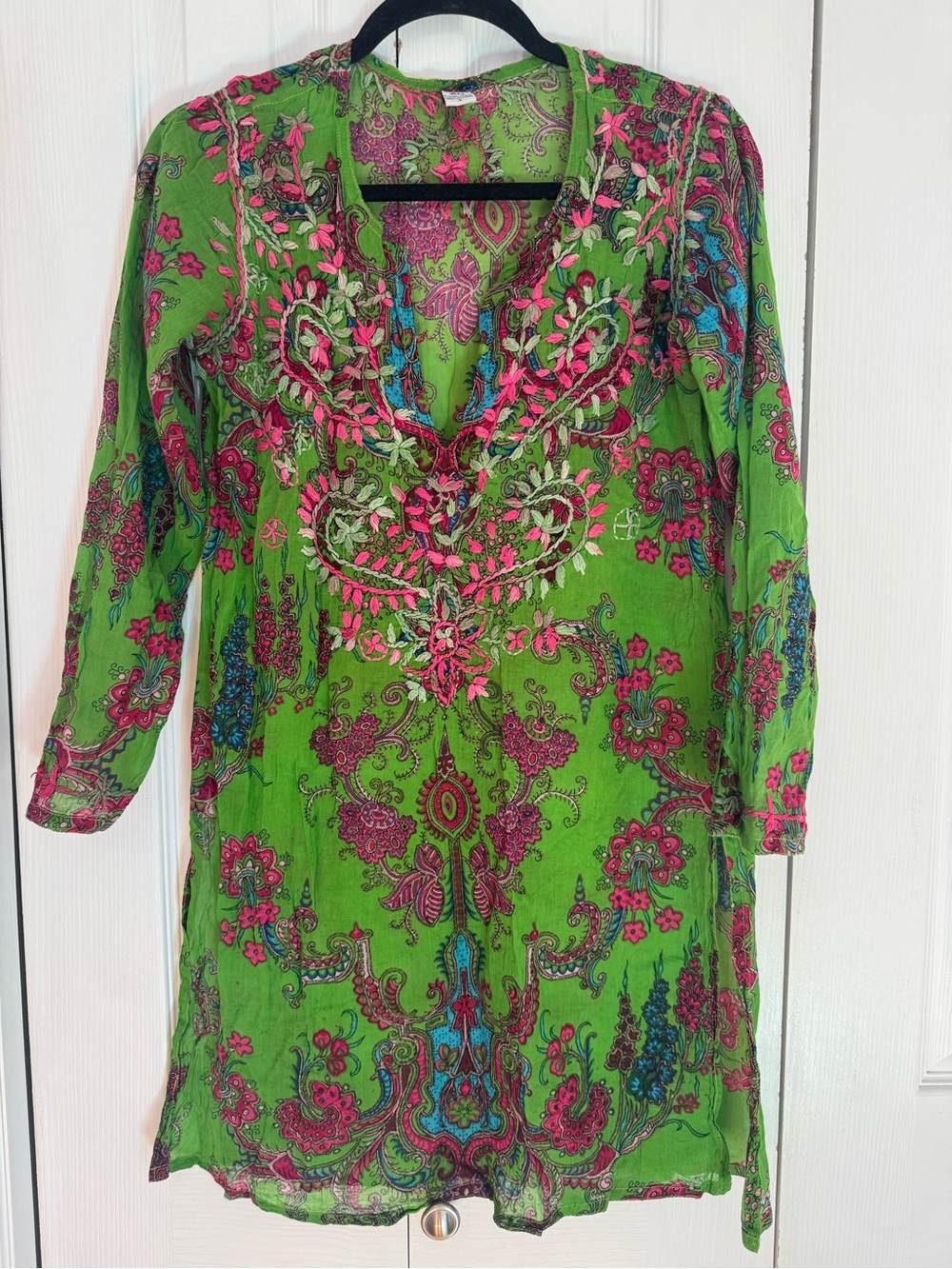 Raj Bright Green Paisley Tunic with Pink & Blue Embroidery 100% Cotton